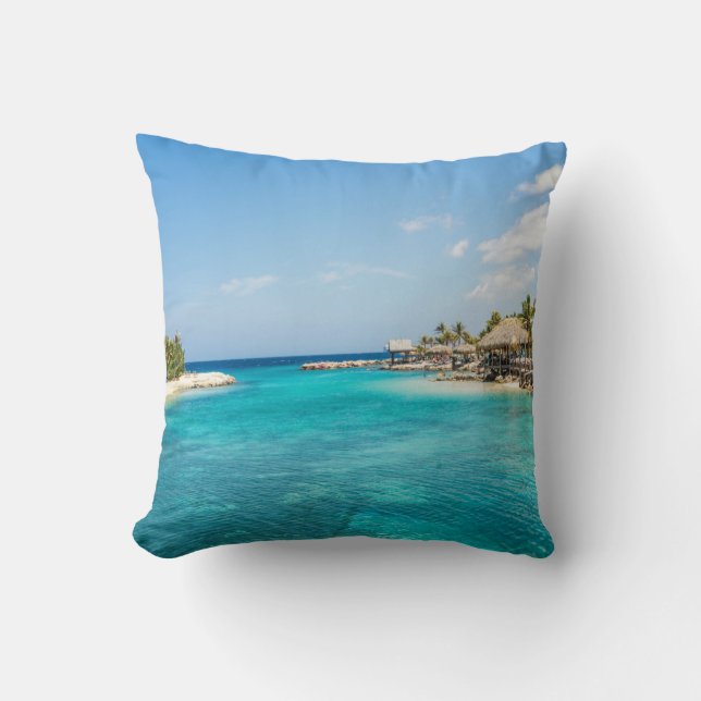 Scenic Tropical Beach with Thatched Huts Photo Cushion (Front)