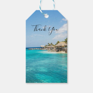 Scenic Tropical Beach with Thatched Huts Photo Gift Tags