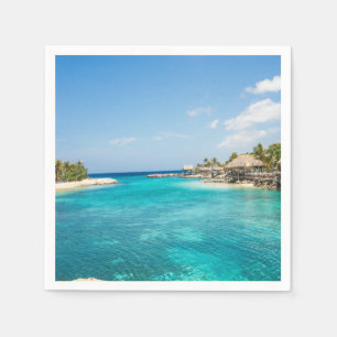 Scenic Tropical Beach with Thatched Huts Photo Napkin