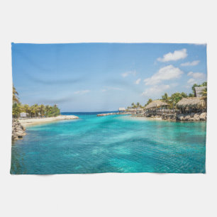 Scenic Tropical Beach with Thatched Huts Photo Tea Towel