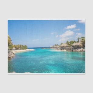 Scenic Tropical Beach with Thatched Huts Photo Tissue Paper