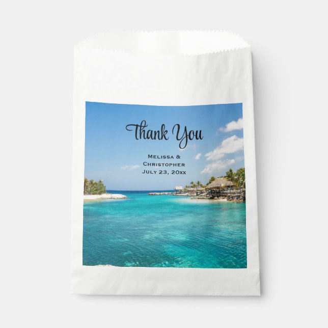 Scenic Tropical Beach with Thatched Huts Wedding Favour Bag (Front)