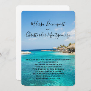 Scenic Tropical Beach with Thatched Huts Wedding Invitation