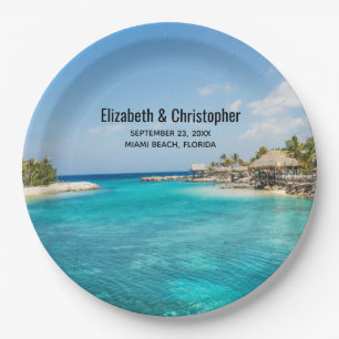 Scenic Tropical Beach with Thatched Huts Wedding Paper Plate
