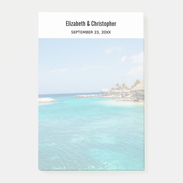 Scenic Tropical Beach with Thatched Huts Wedding Post-it Notes (Front)