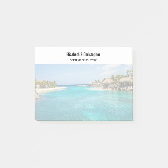 Scenic Tropical Beach with Thatched Huts Wedding Post-it Notes (Front)