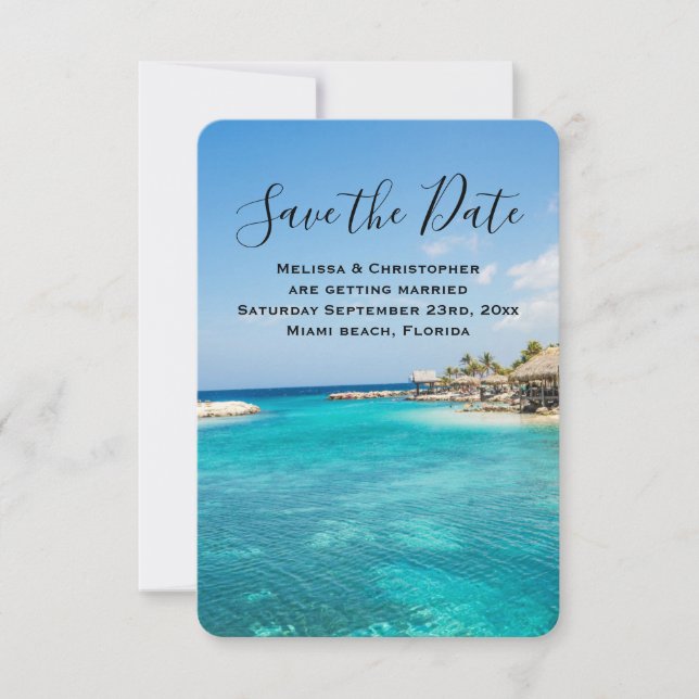 Scenic Tropical Beach with Thatched Huts Wedding Save The Date (Front)