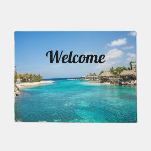 Scenic Tropical Beach with Thatched Huts Welcome Doormat
