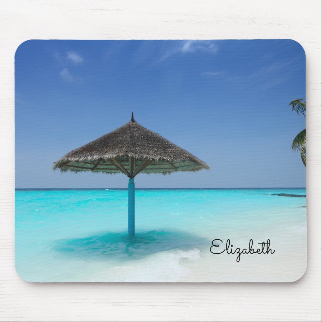 Scenic Tropical Beach with Thatched Umbrella Mouse Pad (Front)