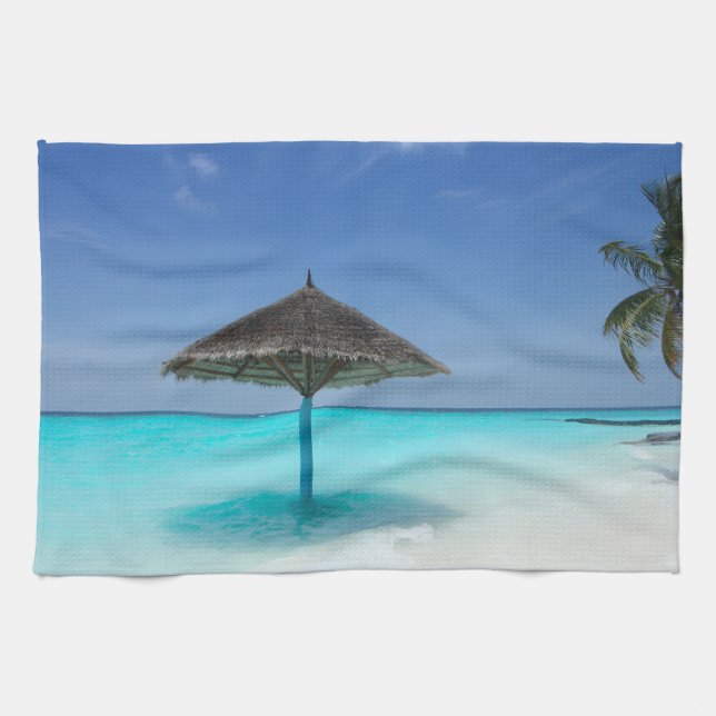 Scenic Tropical Beach with Thatched Umbrella Tea Towel (Horizontal)