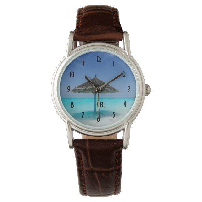 Scenic Tropical Beach with Thatched Umbrella Watch (Front)