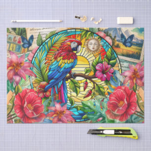 Scenic Tropical Stained Glass Red Macaw Decoupage Tissue Paper