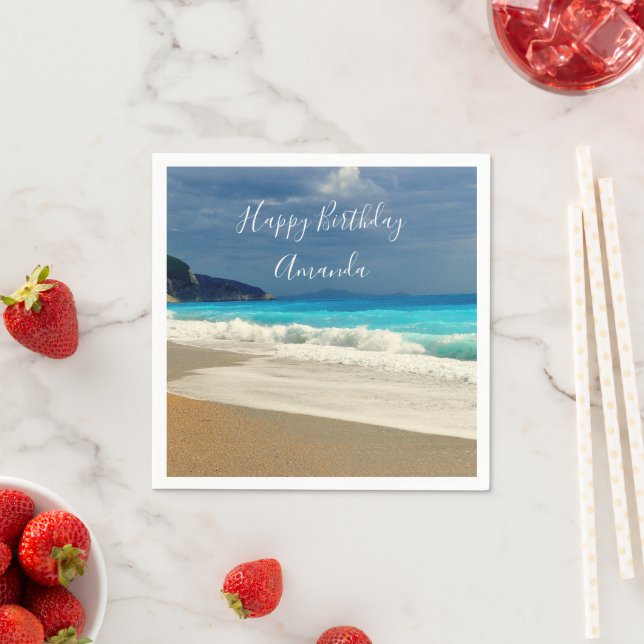Scenic Turquoise Blue Sea Beach Photo Birthday Napkin (Insitu)