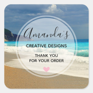  Scenic Turquoise Blue Sea Beach Photo Business Square Sticker