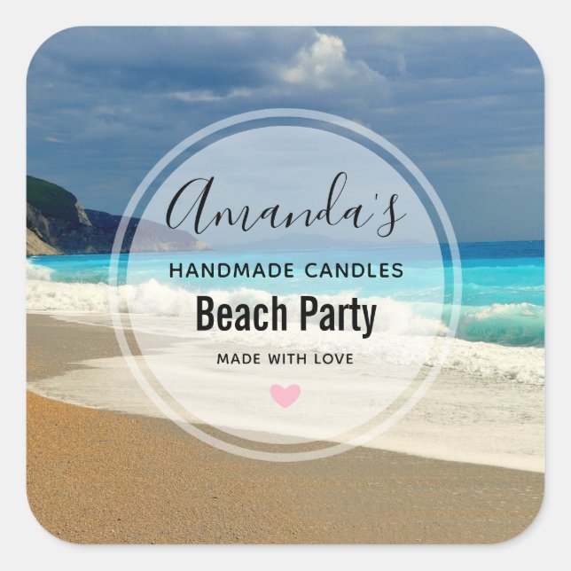 Scenic Turquoise Blue Sea Beach Photo Candle Biz Square Sticker (Front)