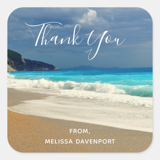 Scenic Turquoise Blue Sea Beach Photo Thank You Square Sticker (Front)