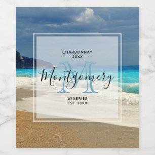 Scenic Turquoise Blue Sea Beach Photo Wine Making Label