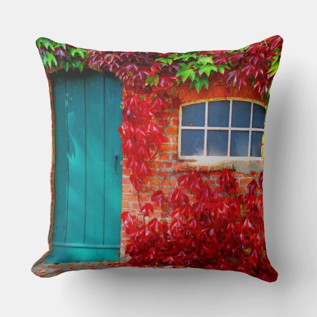 Scenic Turquoise Door with Vivid Autumn Leaves Cushion (Front)