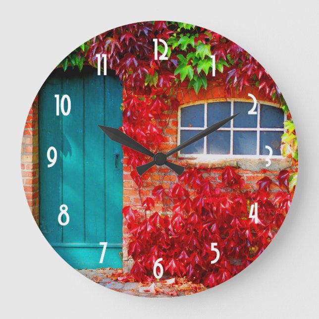 Scenic Turquoise Door with Vivid Autumn Leaves Large Clock (Front)
