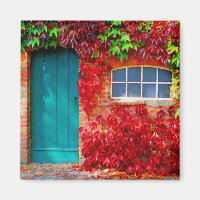 Scenic Turquoise Door with Vivid Autumn Leaves