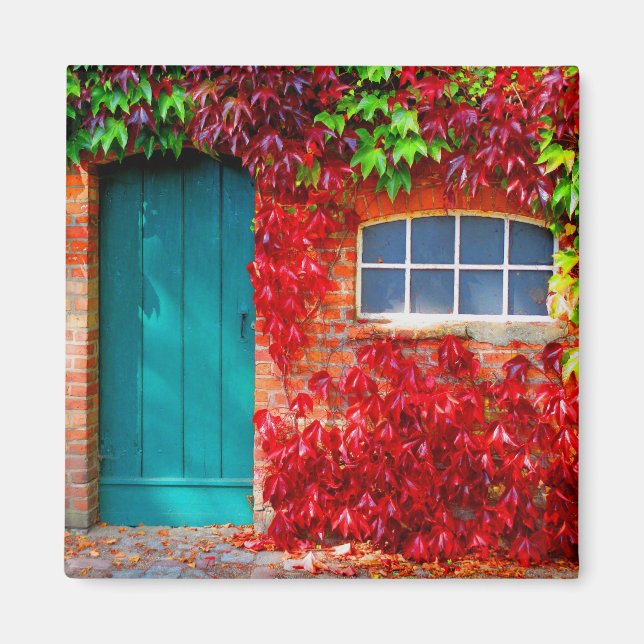 Scenic Turquoise Door with Vivid Autumn Leaves Magnet (Front)