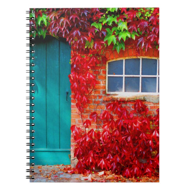 Scenic Turquoise Door with Vivid Autumn Leaves Notebook (Front)