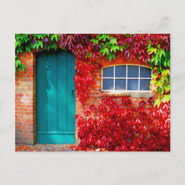 Scenic Turquoise Door with Vivid Autumn Leaves Postcard (Front)