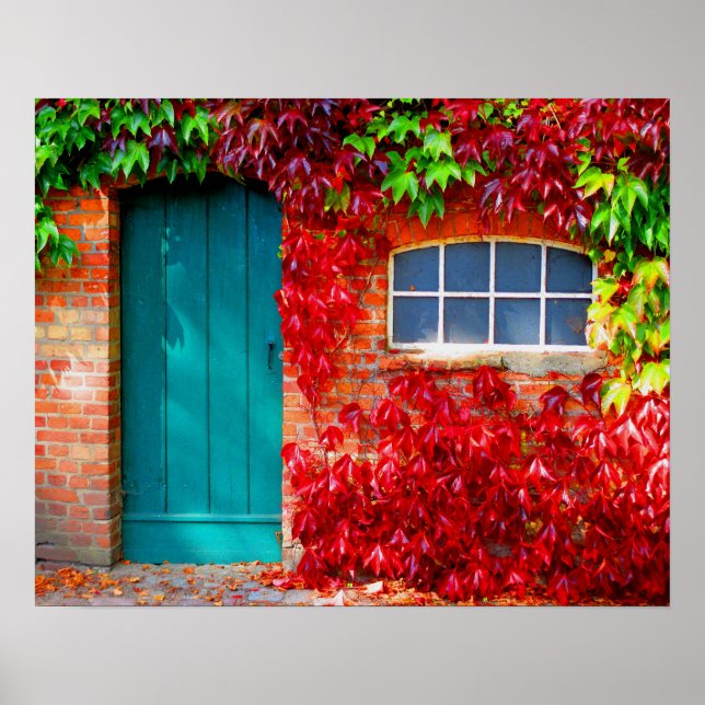 Scenic Turquoise Door with Vivid Autumn Leaves Poster (Front)