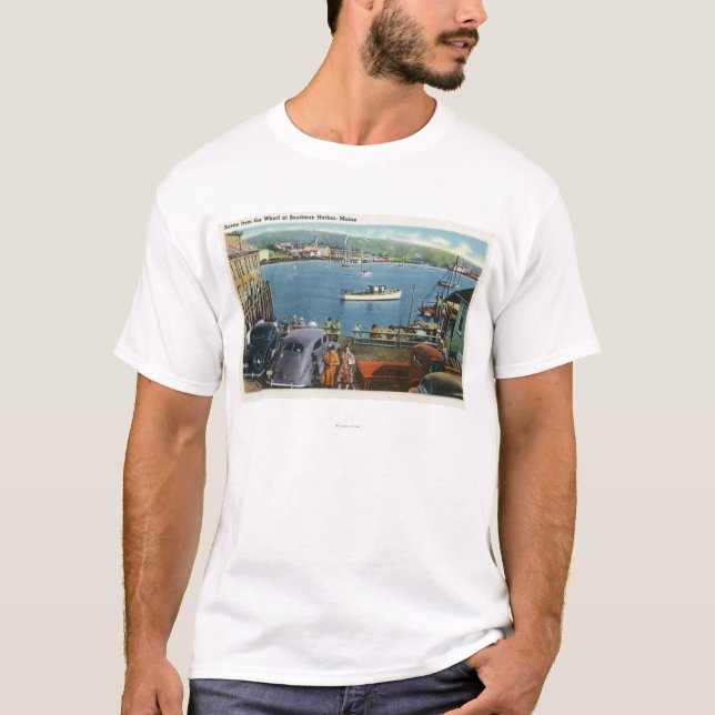 Scenic View from the Wharf, Boats and Cars T-Shirt (Front)