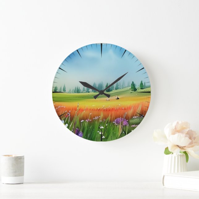 Scenic Watercolor Meadow   Large Clock (Home)