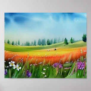 Scenic Watercolor Meadow  Poster
