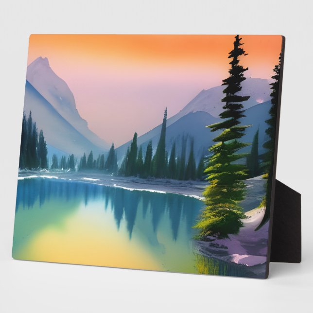 Scenic Watercolor Mountain Lake Reflection  Plaque (Side)