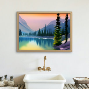 Scenic Watercolor Mountain Lake Reflection Poster