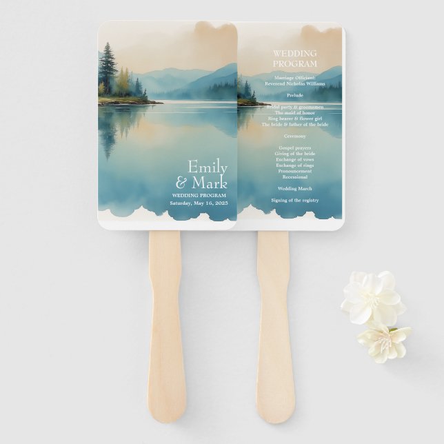 Scenic Watercolor Pine tree Lake Program Hand Fan (Front and Back)