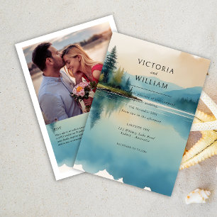 Scenic Watercolor Pine tree Lake wedding invite