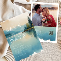 Scenic Watercolor Pine tree Lakeside Save the date