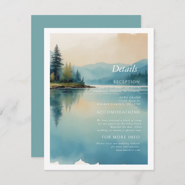 Scenic Watercolor Pine trees and Lakeside Details Enclosure Card (Front/Back)