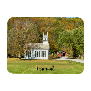 Scenic white church and covered bridge magnet