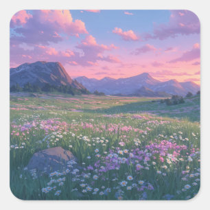 Scenic Wildflower Meadow at Snow Capped Mountain Square Sticker
