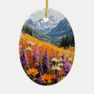 Scenic Wildflowers and Mountains Fine Art Ceramic Ornament