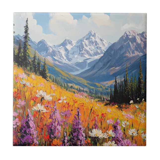 Scenic Wildflowers and Mountains Fine Art Ceramic Tile (Front)