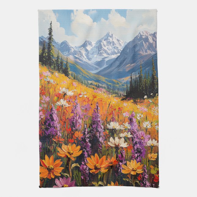 Scenic Wildflowers and Mountains Fine Art Tea Towel (Vertical)