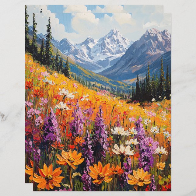 Scenic Wildflowers and Mountains Scrapbook Paper (Front/Back)