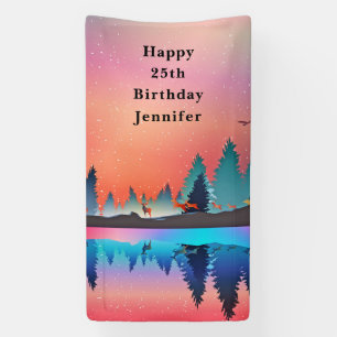 Scenic Winter Lake with Deer Birthday Banner