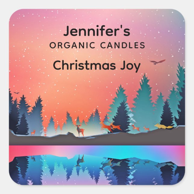 Scenic Winter Lake with Deer Candle Business Square Sticker (Front)