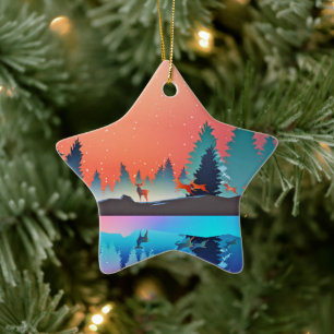 Scenic Winter Lake with Deer Christmas Ceramic Ornament
