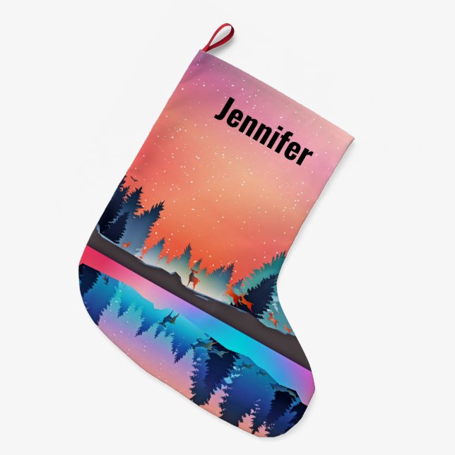 Scenic Winter Lake with Deer Christmas Large Christmas Stocking (Front (Hanging))