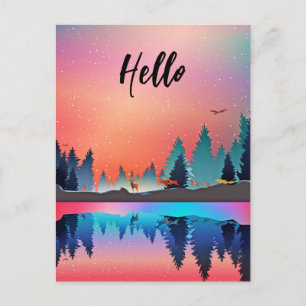 Scenic Winter Lake with Deer Hello Postcard