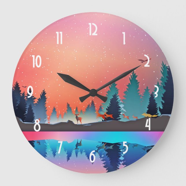 Scenic Winter Lake with Deer Large Clock (Front)