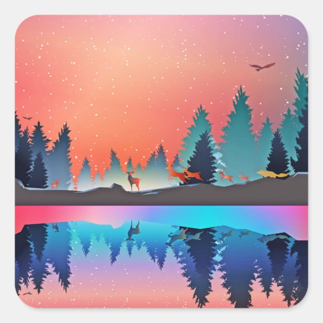 Scenic Winter Lake with Deer Square Sticker (Front)